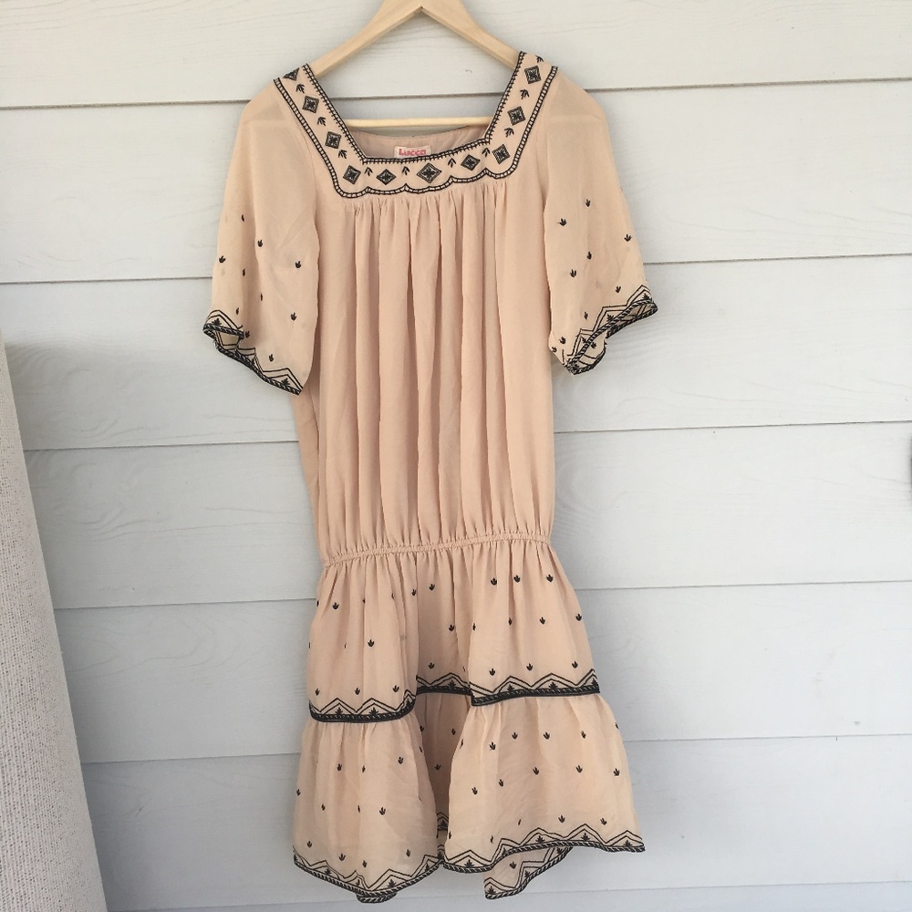 Lucca Tan Spring Flapper Dress w/ Black Embroidery
